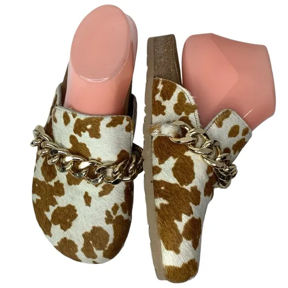 NWOT! Myra Ado Hairon Leather Slip On Cow Print Brown/White Clog Shoes Sz 7