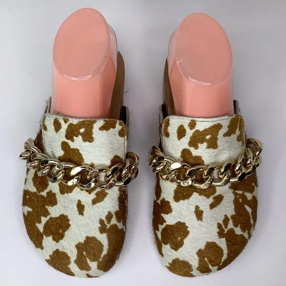 NWOT! Myra Ado Hairon Leather Slip On Cow Print Brown/White Clog Shoes Sz 7