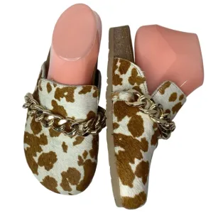NWOT! Myra Ado Hairon Leather Slip On Cow Print Brown/White Clog Shoes Sz 7
