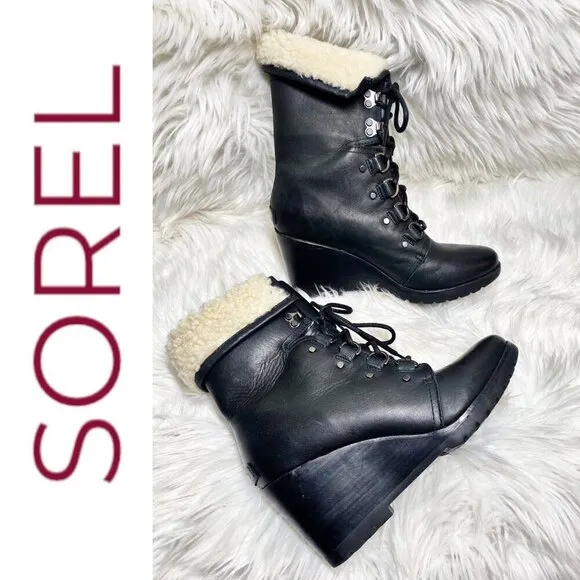 NWOT SOREL After Hours Lace-Up Shearling Waterproof Wedge Boots Black, 9.5