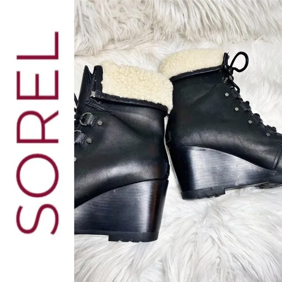 NWOT SOREL After Hours Lace-Up Shearling Waterproof Wedge Boots Black, 9.5