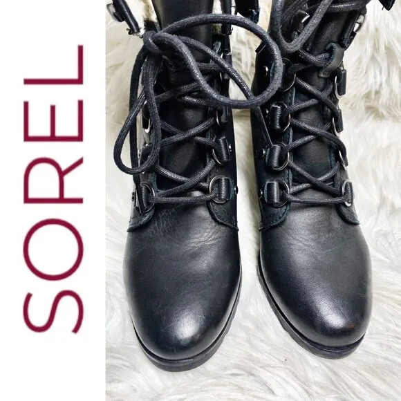 NWOT SOREL After Hours Lace-Up Shearling Waterproof Wedge Boots Black, 9.5