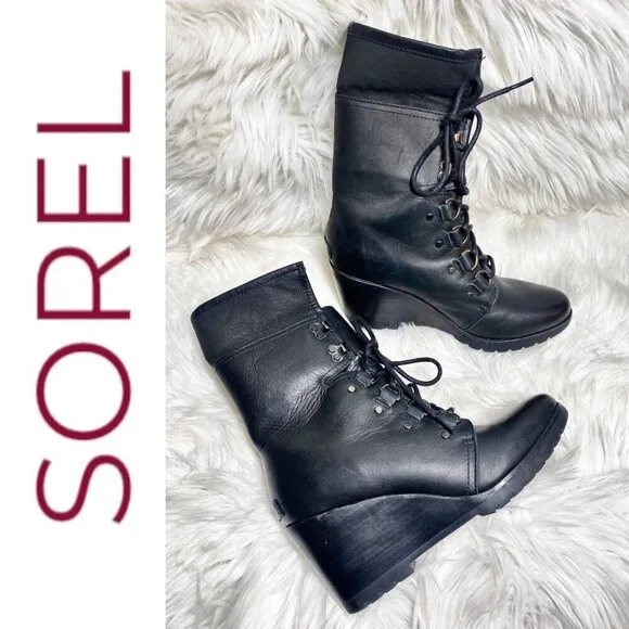 NWOT SOREL After Hours Lace-Up Shearling Waterproof Wedge Boots Black, 9.5