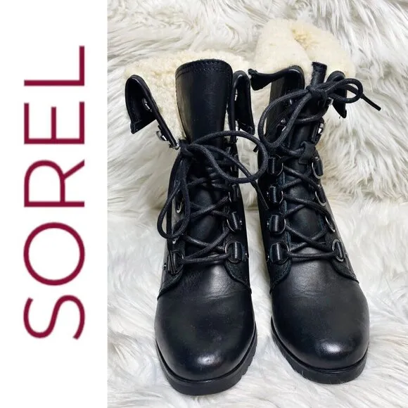 NWOT SOREL After Hours Lace-Up Shearling Waterproof Wedge Boots Black, 9.5