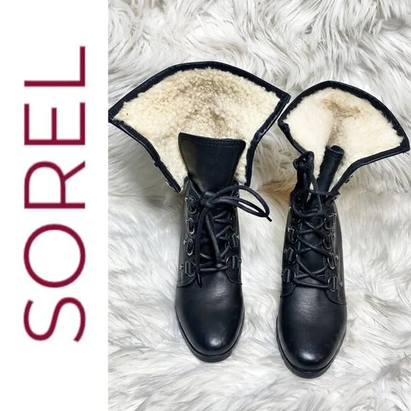NWOT SOREL After Hours Lace-Up Shearling Waterproof Wedge Boots Black, 9.5