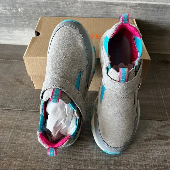 NWT Girl's Shoes Merrell Kids Free Roam Jungle Moc GR/TRQ/BR Girls Sz 2 M UK 1M