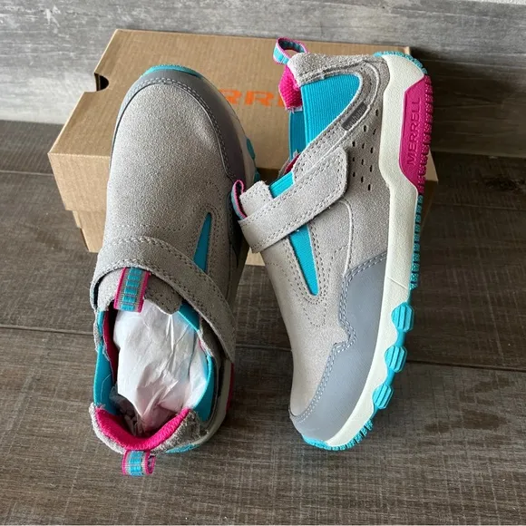 NWT Girl's Shoes Merrell Kids Free Roam Jungle Moc GR/TRQ/BR Girls Sz 2 M UK 1M