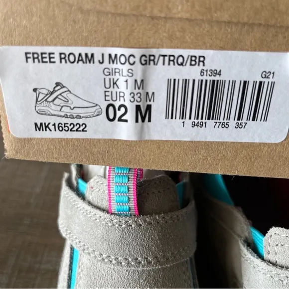 NWT Girl's Shoes Merrell Kids Free Roam Jungle Moc GR/TRQ/BR Girls Sz 2 M UK 1M