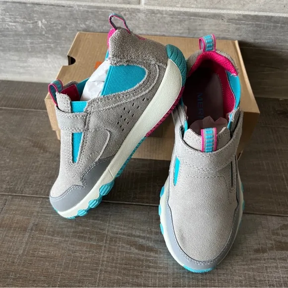 NWT Girl's Shoes Merrell Kids Free Roam Jungle Moc GR/TRQ/BR Girls Sz 2 M UK 1M