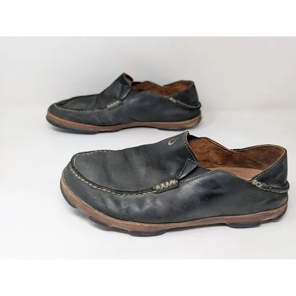 Olukai Moloa Toffee Black Leather Slip On‎ Shoes 10128-4033 Men's Size 10
