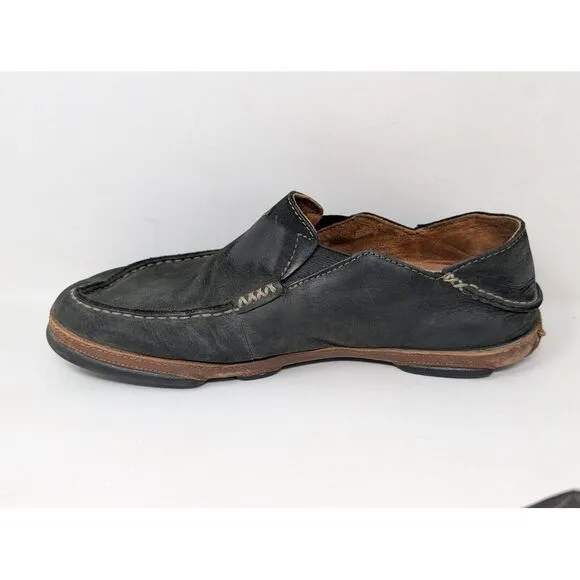 Olukai Moloa Toffee Black Leather Slip On‎ Shoes 10128-4033 Men's Size 10