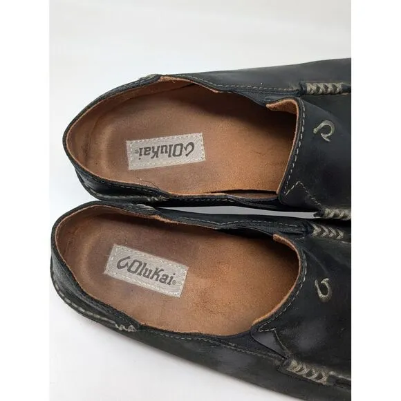 Olukai Moloa Toffee Black Leather Slip On‎ Shoes 10128-4033 Men's Size 10