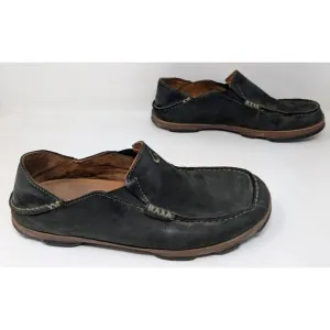 Olukai Moloa Toffee Black Leather Slip On‎ Shoes 10128-4033 Men's Size 10