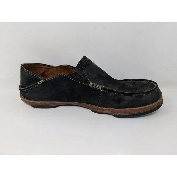 Olukai Moloa Toffee Black Leather Slip On‎ Shoes 10128-4033 Men's Size 10