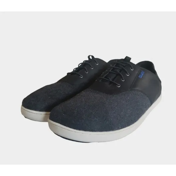 Olukai Nohea Moku Hulu Shoes Men's 12 Gray Black Leather Wool Slip On Sneakers