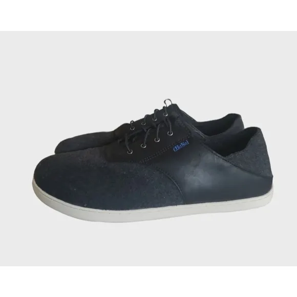 Olukai Nohea Moku Hulu Shoes Men's 12 Gray Black Leather Wool Slip On Sneakers