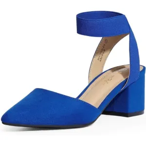 Pointed Toe Low Chunky Heel Pump Royal Blue Latex Insole Adjustable Buckle Shoes