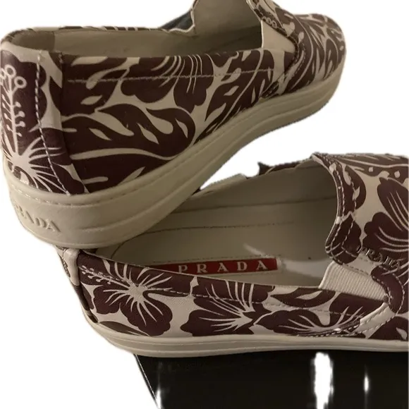 Prada White Burgundy Women’s Floral Slip-Ons