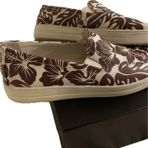 Prada White Burgundy Women’s Floral Slip-Ons