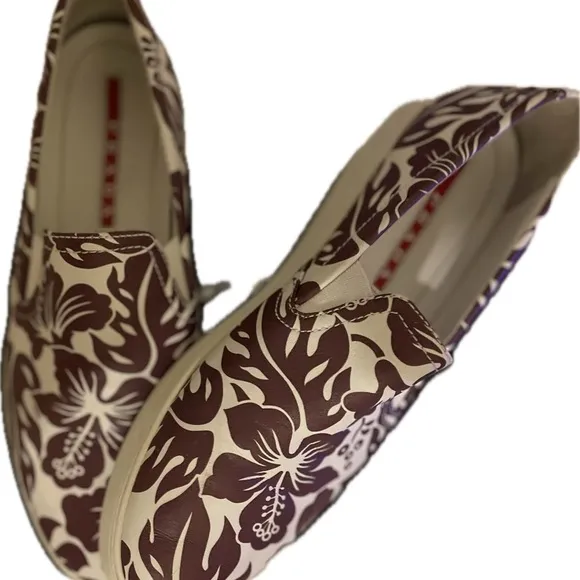 Prada White Burgundy Women’s Floral Slip-Ons