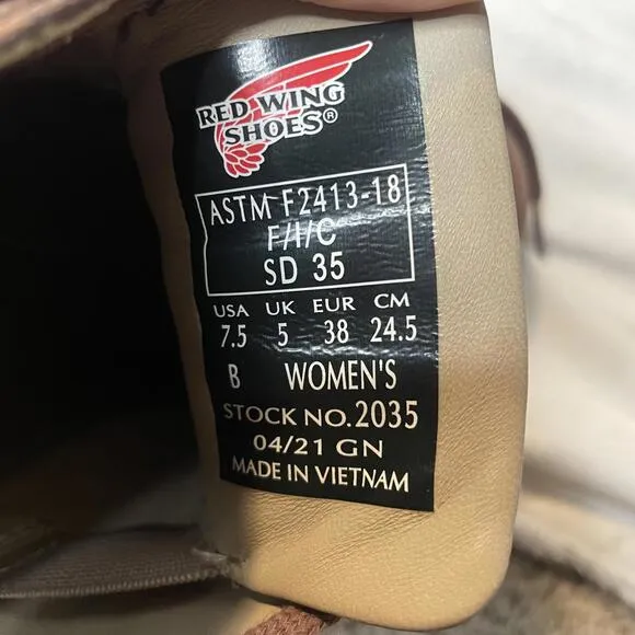 Red Wing Brown Leather Ankle Boots Women's Safety Toe 7.5