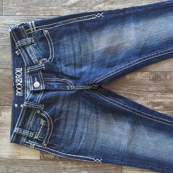 ROCK &amp; ROLL Cowgirl &quot;Rival Low Rise&quot; bootcut denim rodeo jeans sz 25x36L Tall