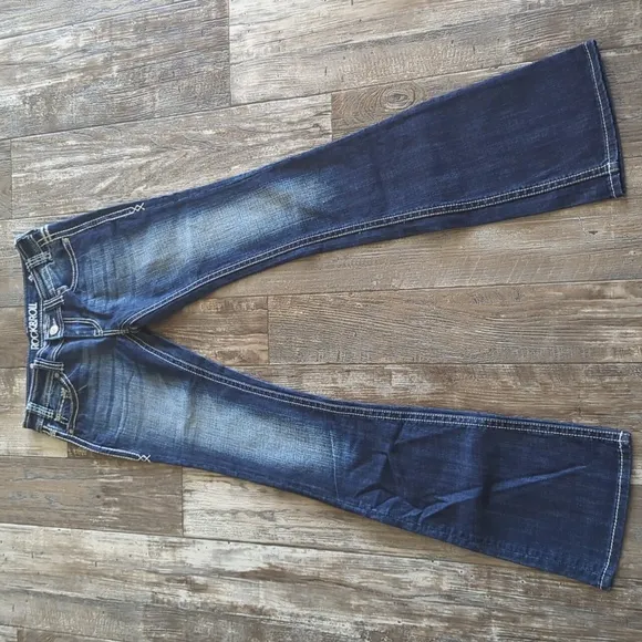 ROCK &amp; ROLL Cowgirl &quot;Rival Low Rise&quot; bootcut denim rodeo jeans sz 25x36L Tall