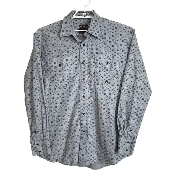 Roper Wear the West Gray Black Novelty Horse Shoes Snap Down Shirt Size M