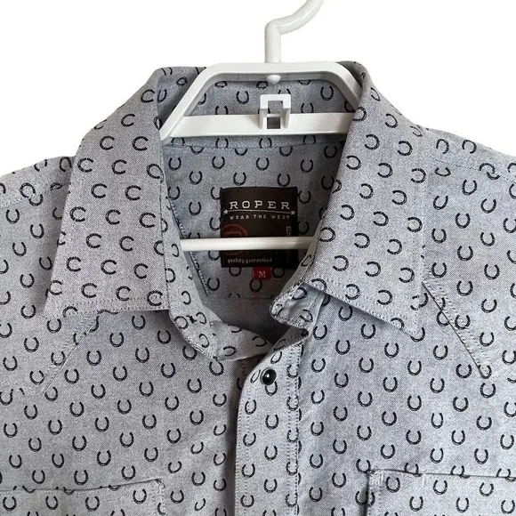 Roper Wear the West Gray Black Novelty Horse Shoes Snap Down Shirt Size M