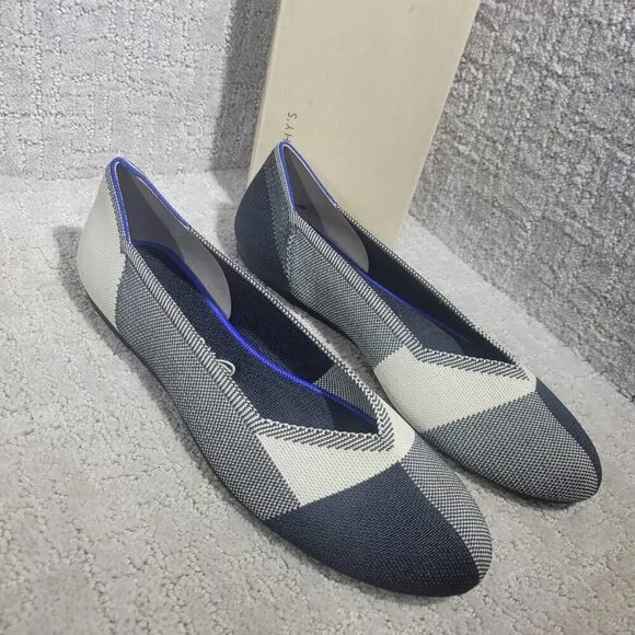 Rothys The Flat Captoe Black White Round Toe Slip on Shoes Womens Size 8.5, 12.5