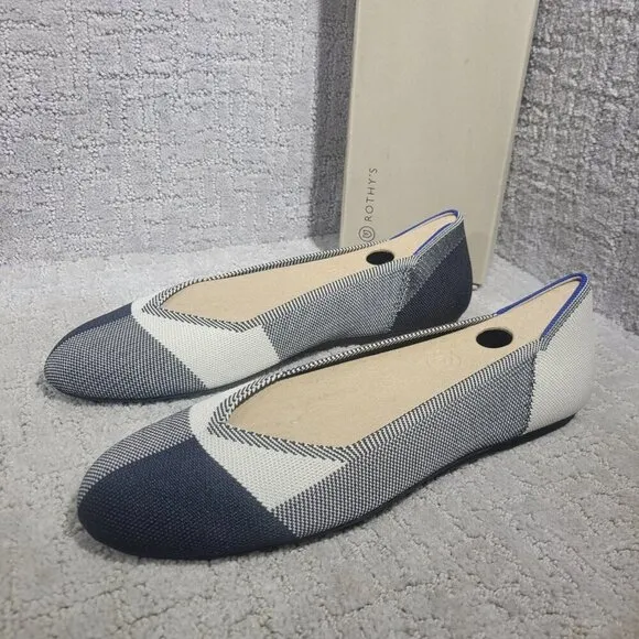 Rothys The Flat Captoe Black White Round Toe Slip on Shoes Womens Size 8.5, 12.5