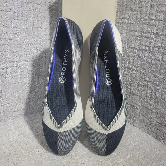 Rothys The Flat Captoe Black White Round Toe Slip on Shoes Womens Size 8.5, 12.5