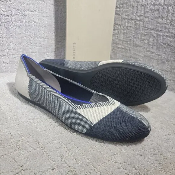 Rothys The Flat Captoe Black White Round Toe Slip on Shoes Womens Size 8.5, 12.5