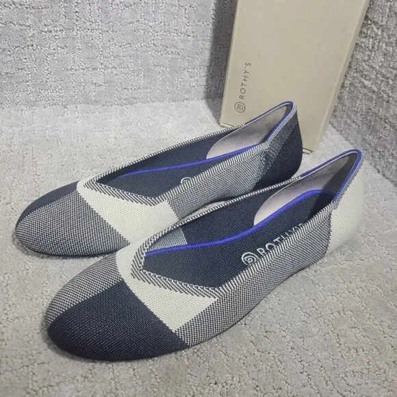 Rothys The Flat Captoe Black White Round Toe Slip on Shoes Womens Size 8.5, 12.5