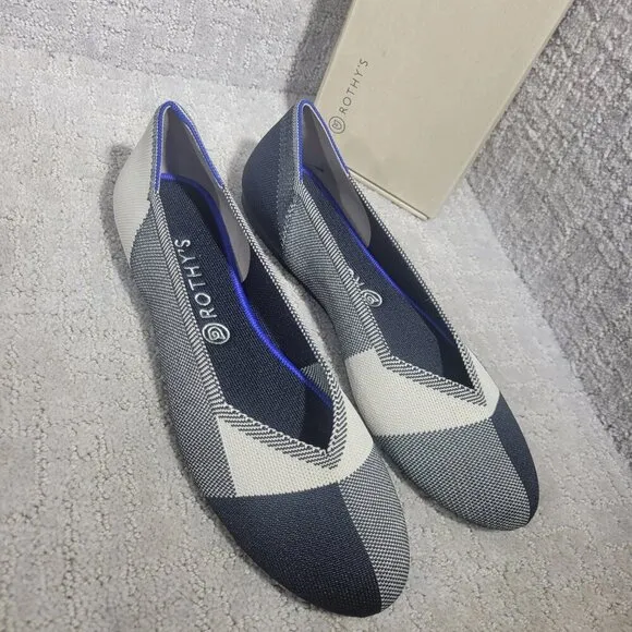 Rothys The Flat Captoe Black White Round Toe Slip on Shoes Womens Size 8.5, 12.5
