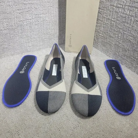 Rothys The Flat Captoe Black White Round Toe Slip on Shoes Womens Size 8.5, 12.5