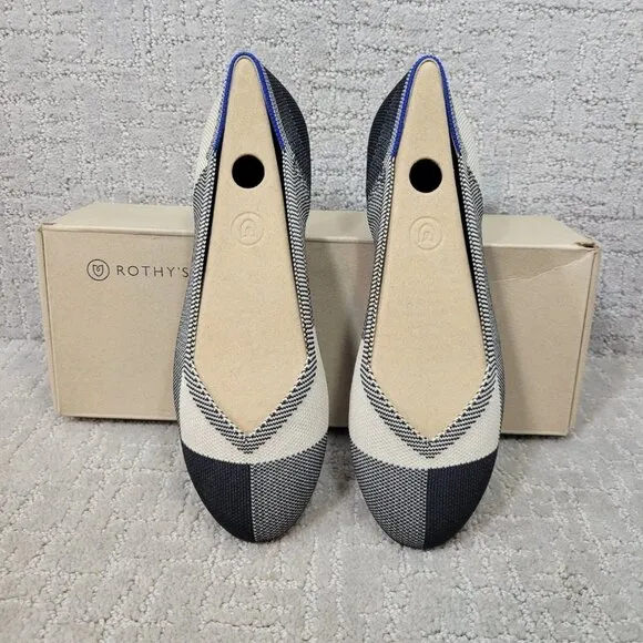 Rothys The Flat Captoe Black White Round Toe Slip on Shoes Womens Size 8.5, 12.5