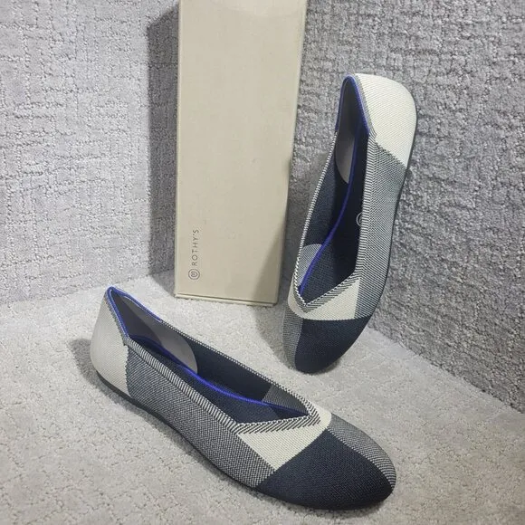 Rothys The Flat Captoe Black White Round Toe Slip on Shoes Womens Size 8.5, 12.5