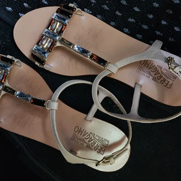 Salvatore Ferragamo Women's Tan Sandals with Crystal Accents