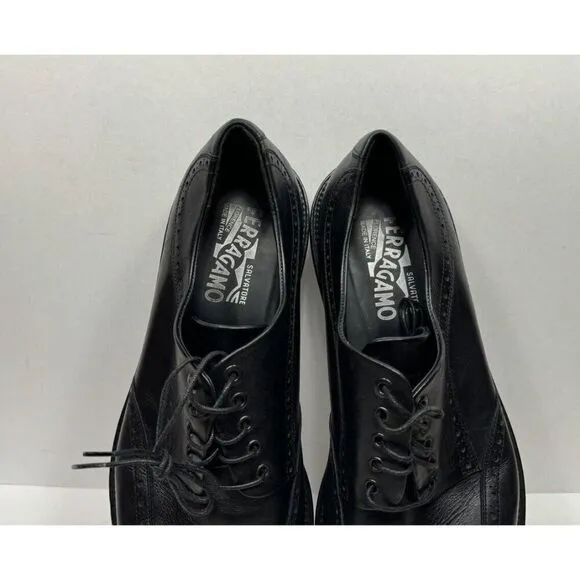 Salvatore Ferragamo Concorde Mens 10.5 EE Wide Black Calf Leather Wingtip Shoes