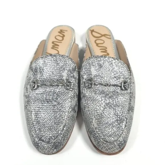 SAM EDELMAN LINNIE LEATHER Mules Loafer Shoes Women's Silver Horsebit Snake 8M