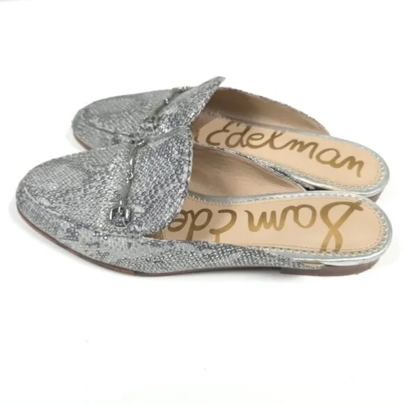 SAM EDELMAN LINNIE LEATHER Mules Loafer Shoes Women's Silver Horsebit Snake 8M