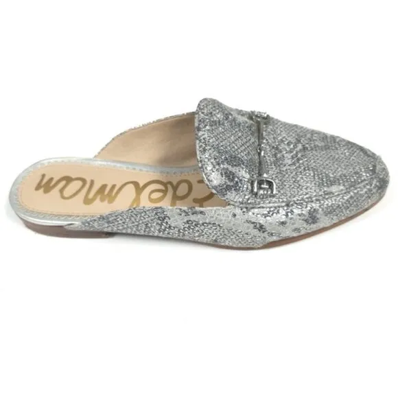 SAM EDELMAN LINNIE LEATHER Mules Loafer Shoes Women's Silver Horsebit Snake 8M