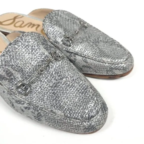 SAM EDELMAN LINNIE LEATHER Mules Loafer Shoes Women's Silver Horsebit Snake 8M