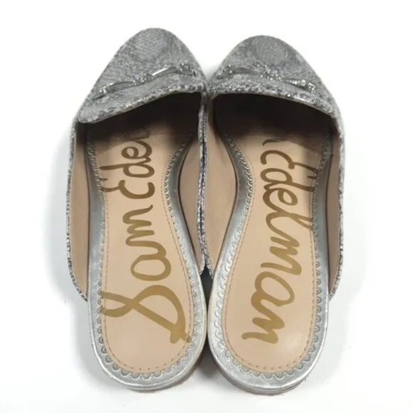 SAM EDELMAN LINNIE LEATHER Mules Loafer Shoes Women's Silver Horsebit Snake 8M
