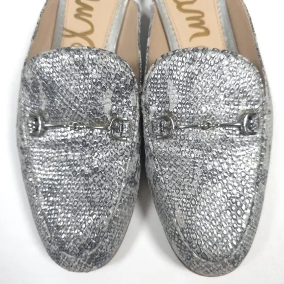 SAM EDELMAN LINNIE LEATHER Mules Loafer Shoes Women's Silver Horsebit Snake 8M