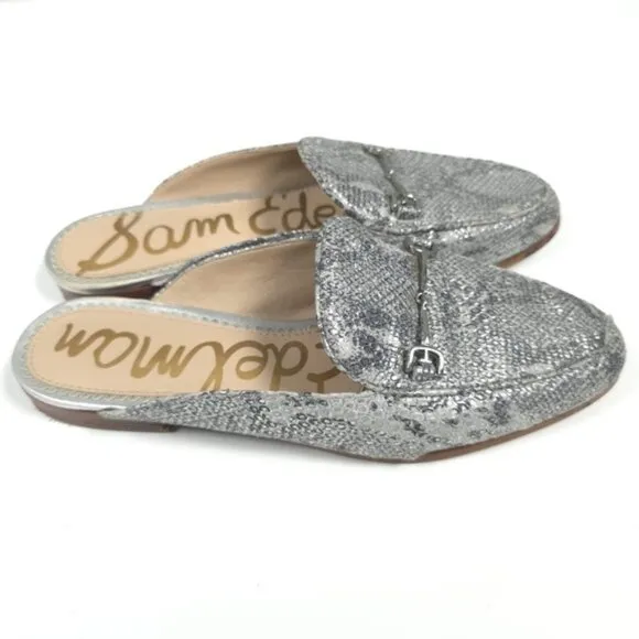 SAM EDELMAN LINNIE LEATHER Mules Loafer Shoes Women's Silver Horsebit Snake 8M