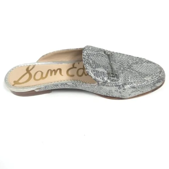 SAM EDELMAN LINNIE LEATHER Mules Loafer Shoes Women's Silver Horsebit Snake 8M