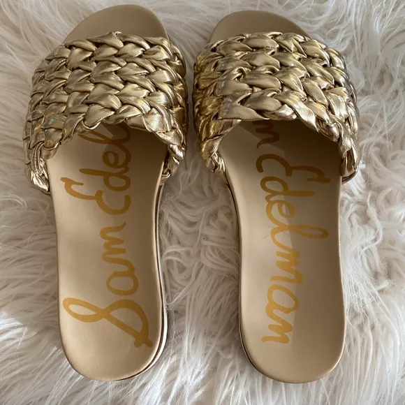 SAME EDELMAN Ainslie gold braided  hold slide sandals