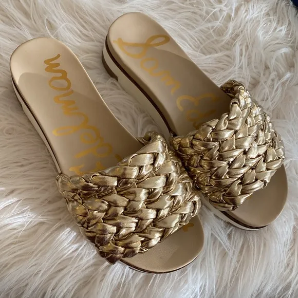SAME EDELMAN Ainslie gold braided  hold slide sandals